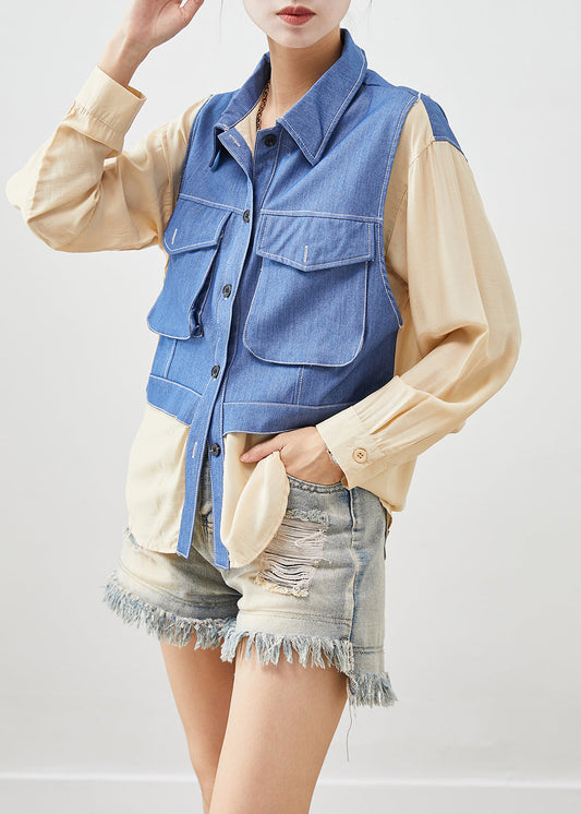 Chic Apricot Oversized Patchwork Cotton Fake Two Piece Shirt Top Fall Ada Fashion