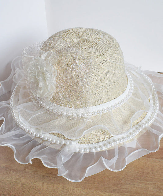 Chic Beige Lace Patchwork Pearl Floral Tulle Floppy Sun Hat LY510 - fabuloryshop