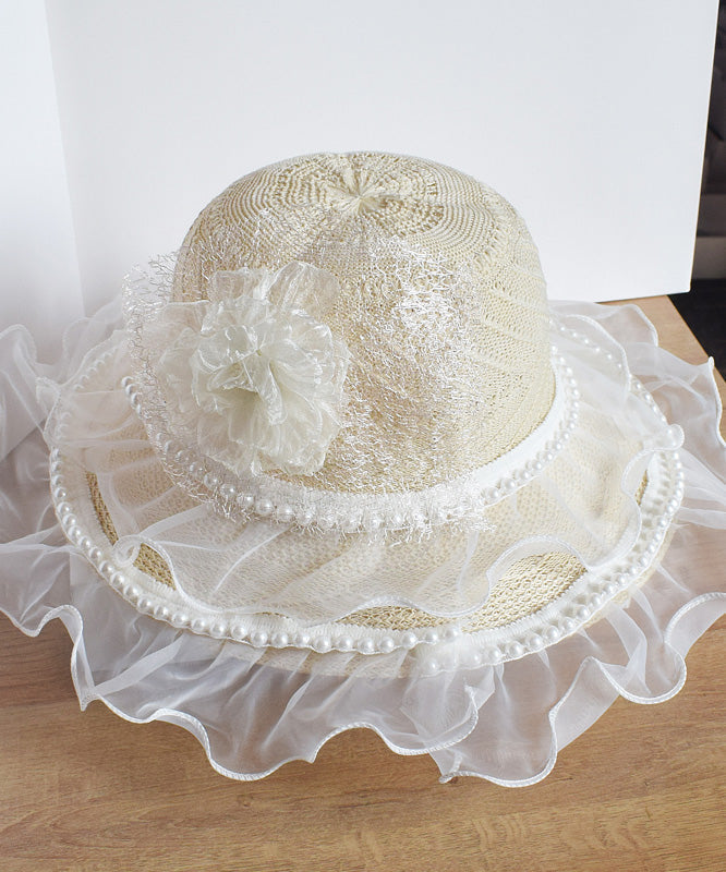 Chic Beige Lace Patchwork Pearl Floral Tulle Floppy Sun Hat LY510