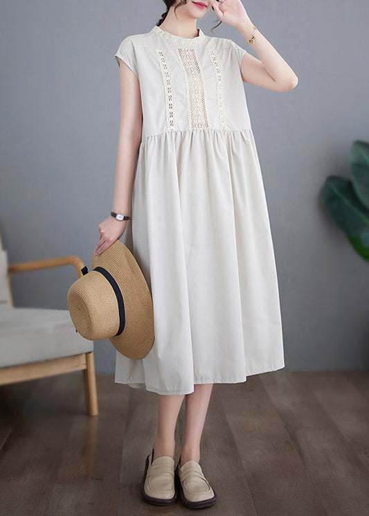 Chic Beige O-Neck Solid Cotton Long Dresses Short Sleeve LY3962 - fabuloryshop