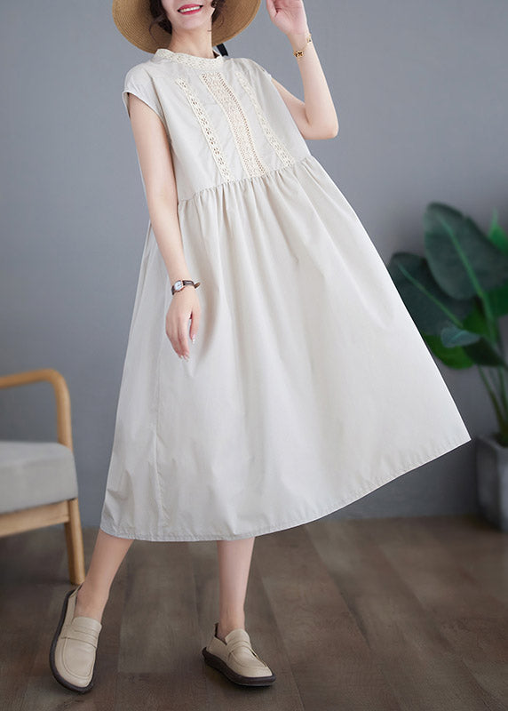 Chic Beige O-Neck Solid Cotton Long Dresses Short Sleeve LY3962 - fabuloryshop