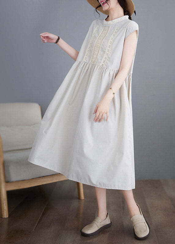 Chic Beige O-Neck Solid Cotton Long Dresses Short Sleeve LY3962 - fabuloryshop