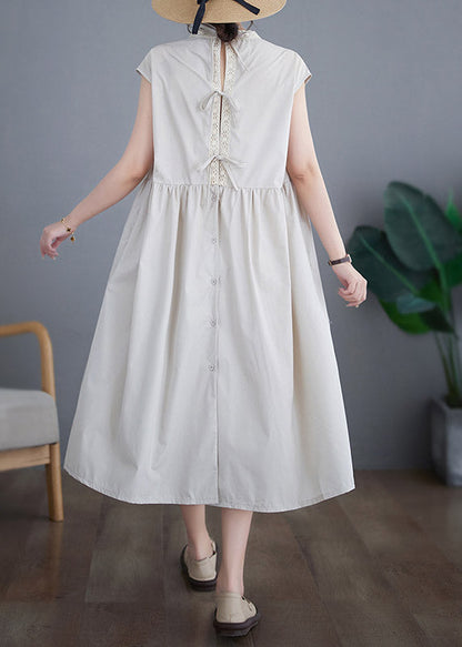 Chic Beige O-Neck Solid Cotton Long Dresses Short Sleeve LY3962 - fabuloryshop