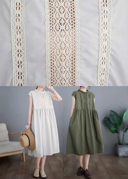 Chic Beige O-Neck Solid Cotton Long Dresses Short Sleeve LY3962 - fabuloryshop