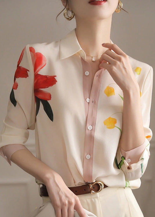 Chic Beige Peter Pan Collar Print Button Chiffon Shirt Spring LY0355 - fabuloryshop