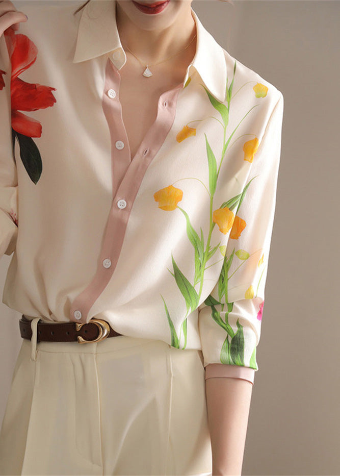 Chic Beige Peter Pan Collar Print Button Chiffon Shirt Spring LY0355 - fabuloryshop