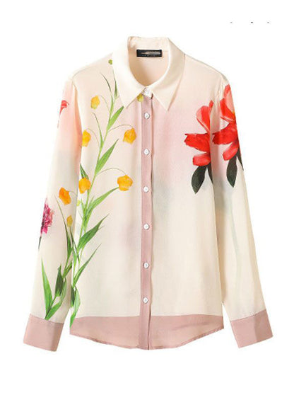 Chic Beige Peter Pan Collar Print Button Chiffon Shirt Spring LY0355 - fabuloryshop