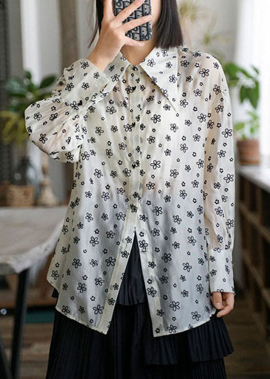 Chic Beige Peter Pan Collar Print Patchwork Chiffon Blouses Long Sleeve LY3843 - fabuloryshop