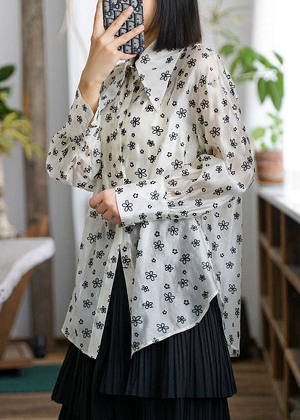 Chic Beige Peter Pan Collar Print Patchwork Chiffon Blouses Long Sleeve LY3843 - fabuloryshop