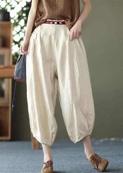 Chic Beige Pockets Wrinkled Patchwork Linen Harem Pants Summer LY0592 - fabuloryshop