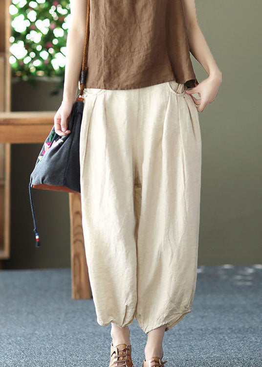 Chic Beige Pockets Wrinkled Patchwork Linen Harem Pants Summer LY0592 - fabuloryshop