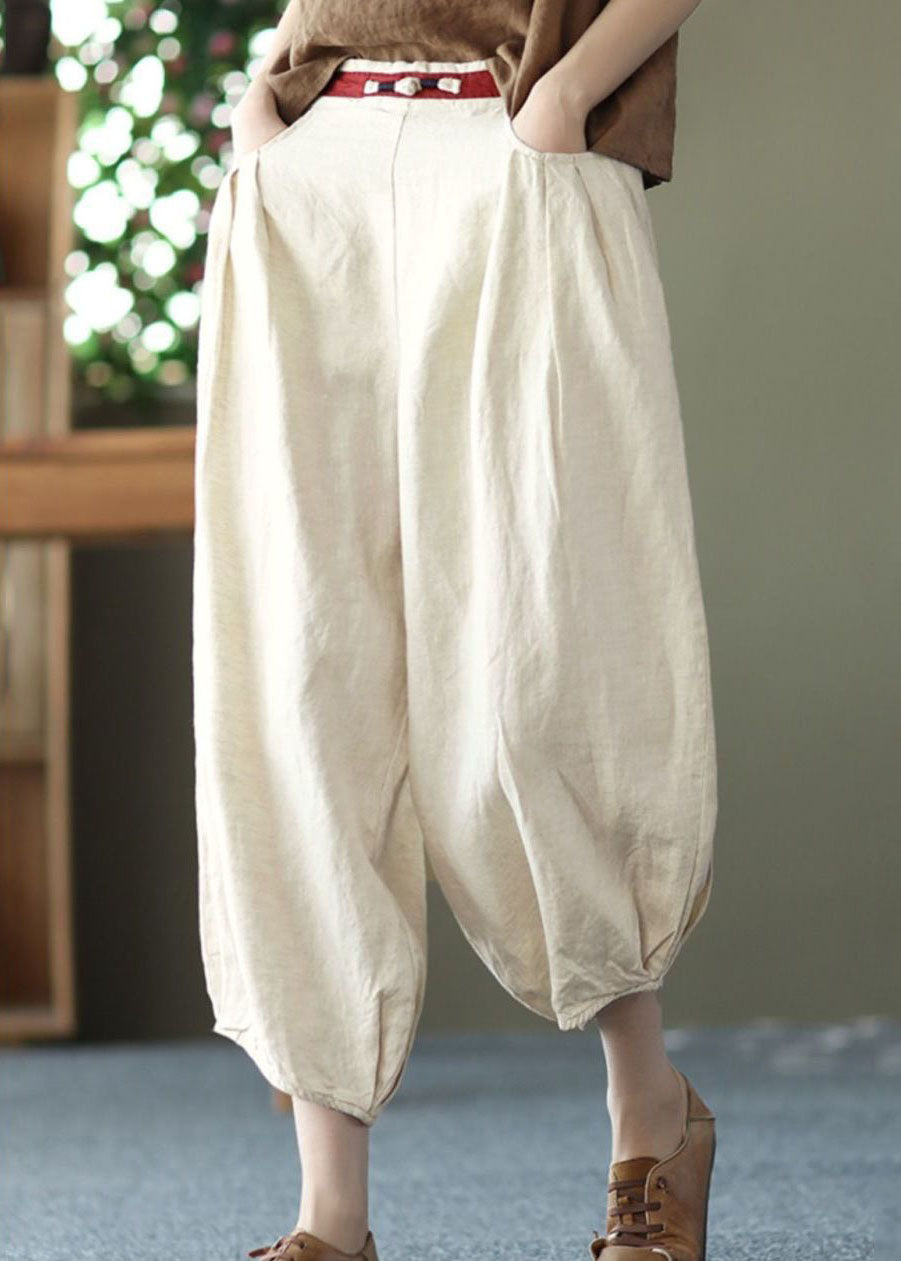 Chic Beige Pockets Wrinkled Patchwork Linen Harem Pants Summer LY0592 - fabuloryshop