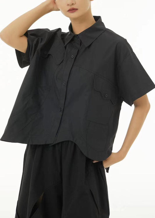 Chic Black Asymmetrical Design Oversized Cotton Shirt Tops Summer TS1046 - fabuloryshop