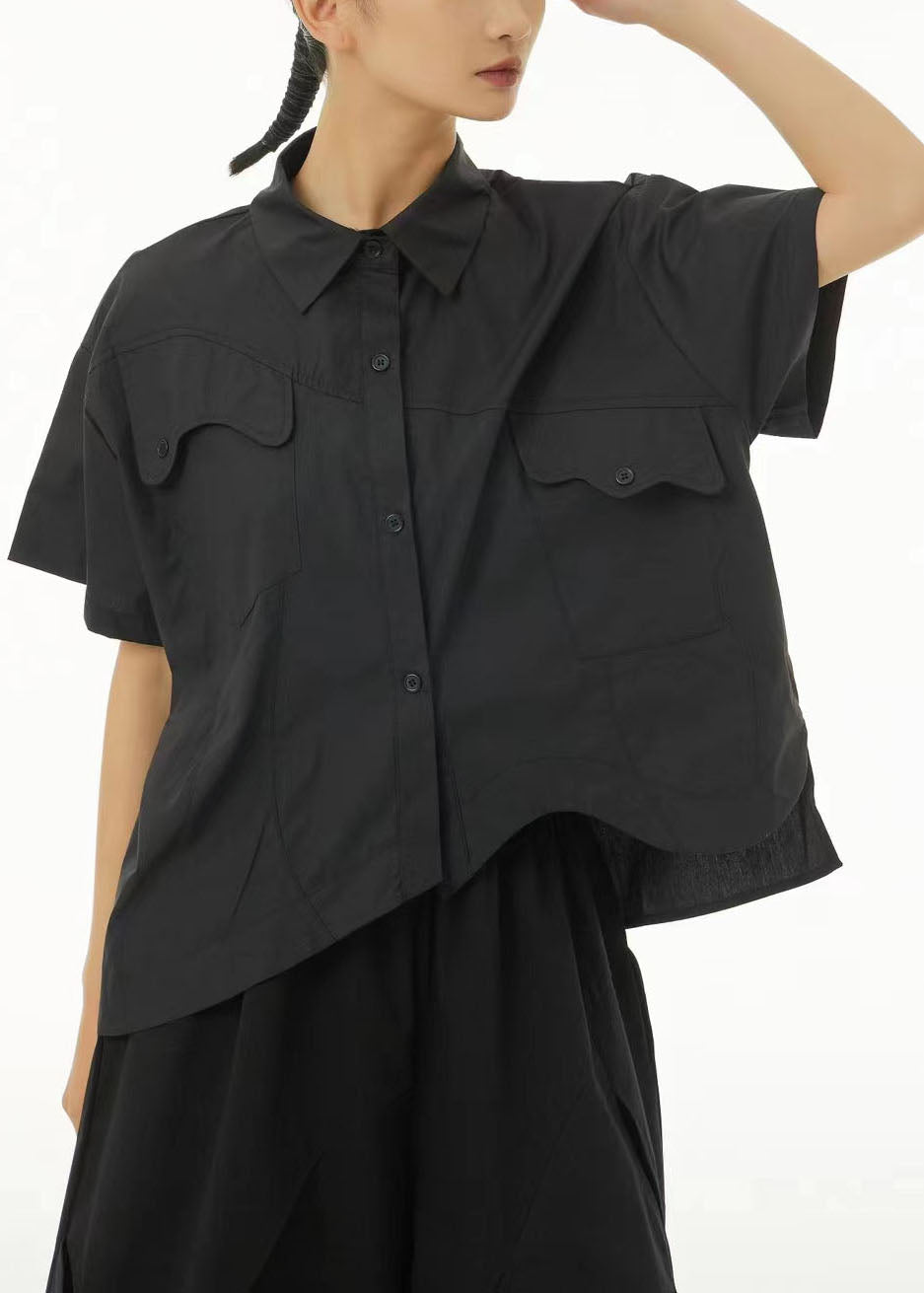 Chic Black Asymmetrical Design Oversized Cotton Shirt Tops Summer TS1046 - fabuloryshop