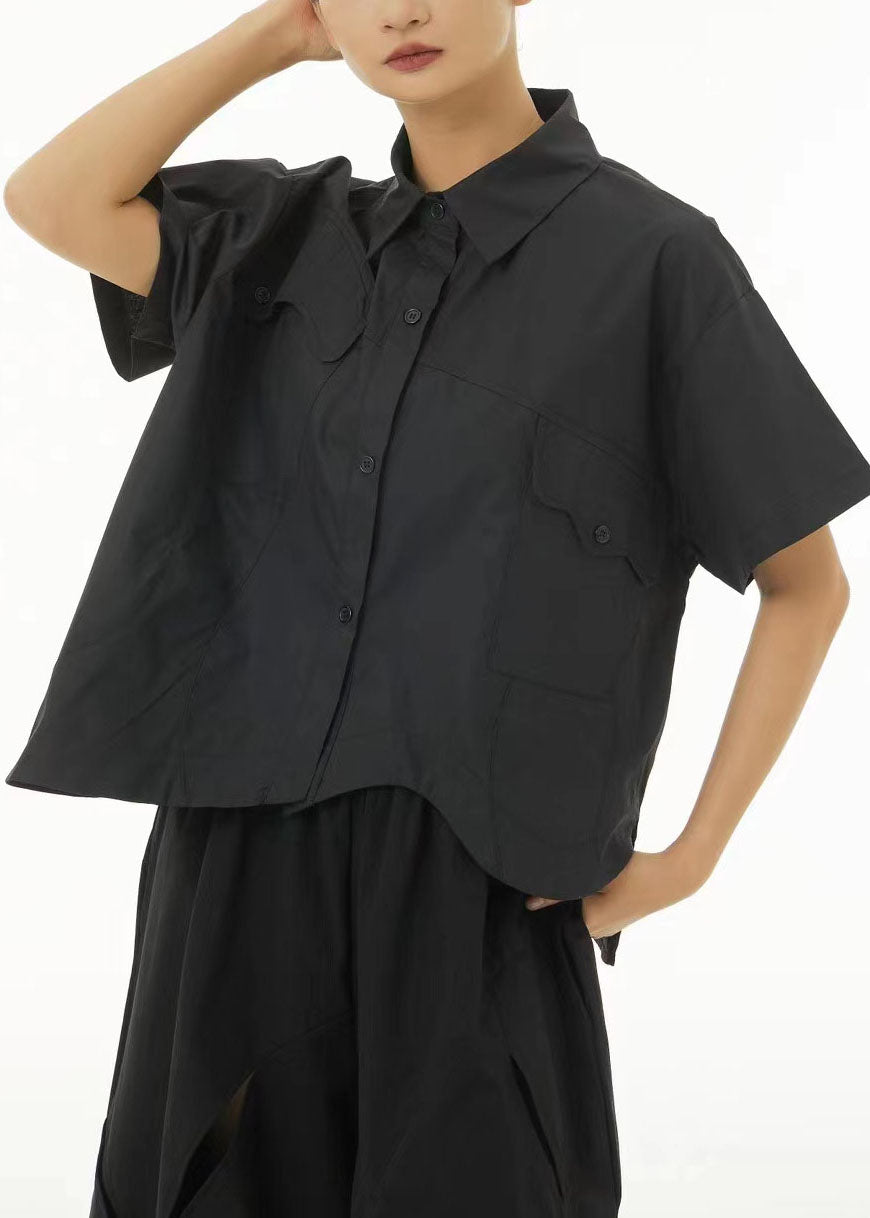 Chic Black Asymmetrical Design Oversized Cotton Shirt Tops Summer TS1046