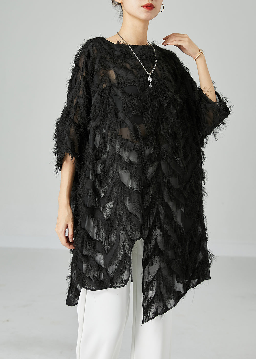 Chic Black Asymmetrical Oversized Fluffy Tulle Long Tops Bracelet Sleeve LY2416 - fabuloryshop