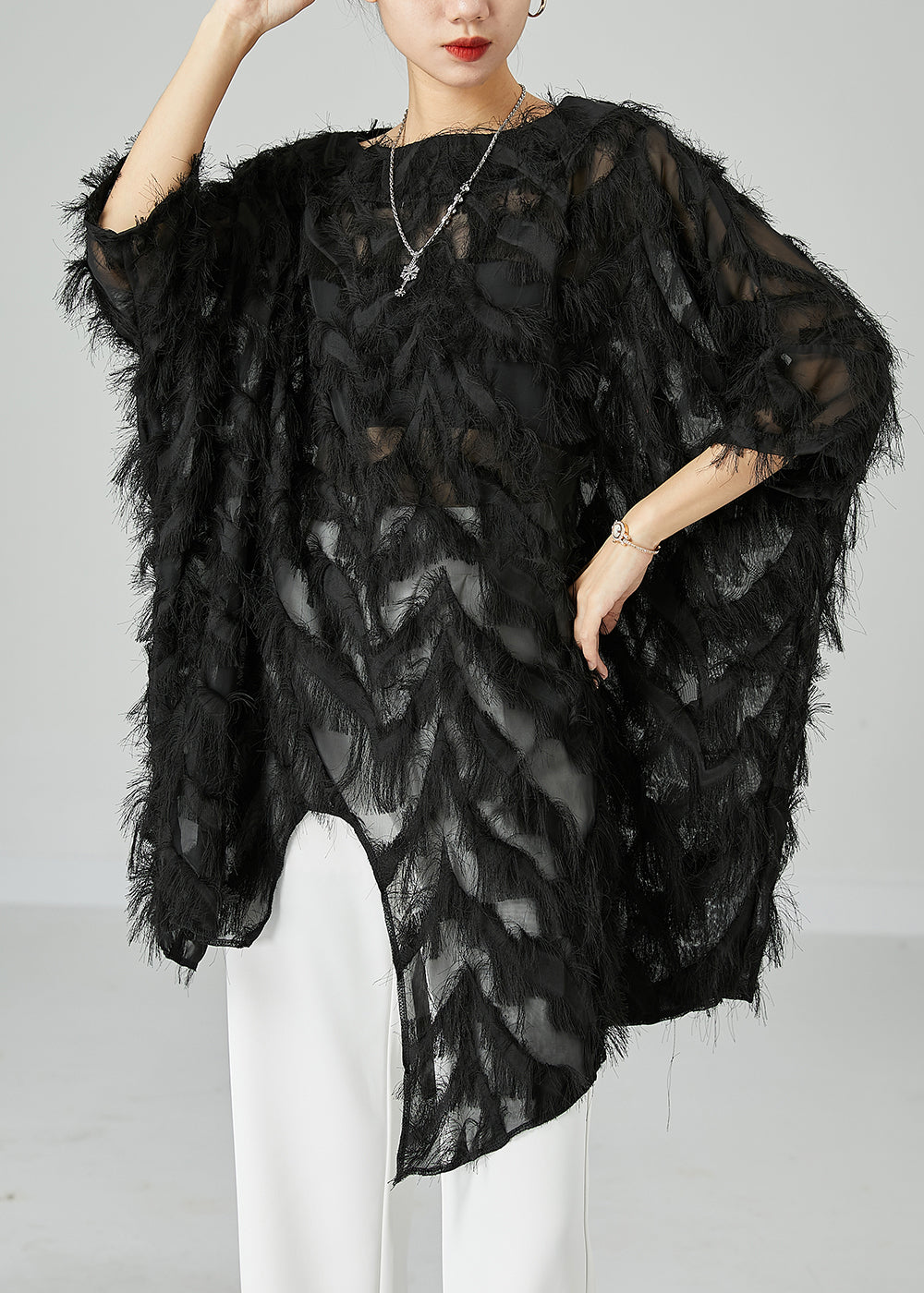 Chic Black Asymmetrical Oversized Fluffy Tulle Long Tops Bracelet Sleeve LY2416 - fabuloryshop