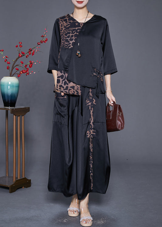 Chic Black Asymmetrical Patchwork Leopard Silk Two Pieces Set Summer Ada Fashion