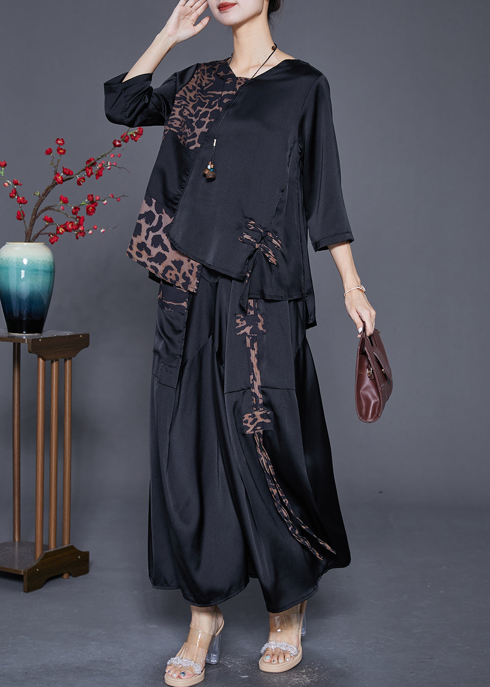 Chic Black Asymmetrical Patchwork Leopard Silk Two Pieces Set Summer Ada Fashion