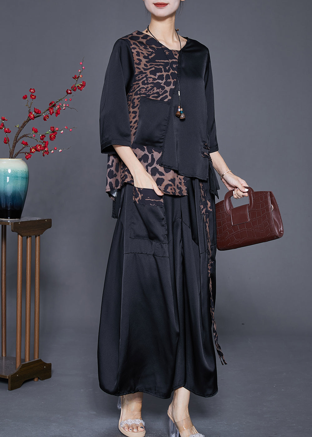 Chic Black Asymmetrical Patchwork Leopard Silk Two Pieces Set Summer Ada Fashion