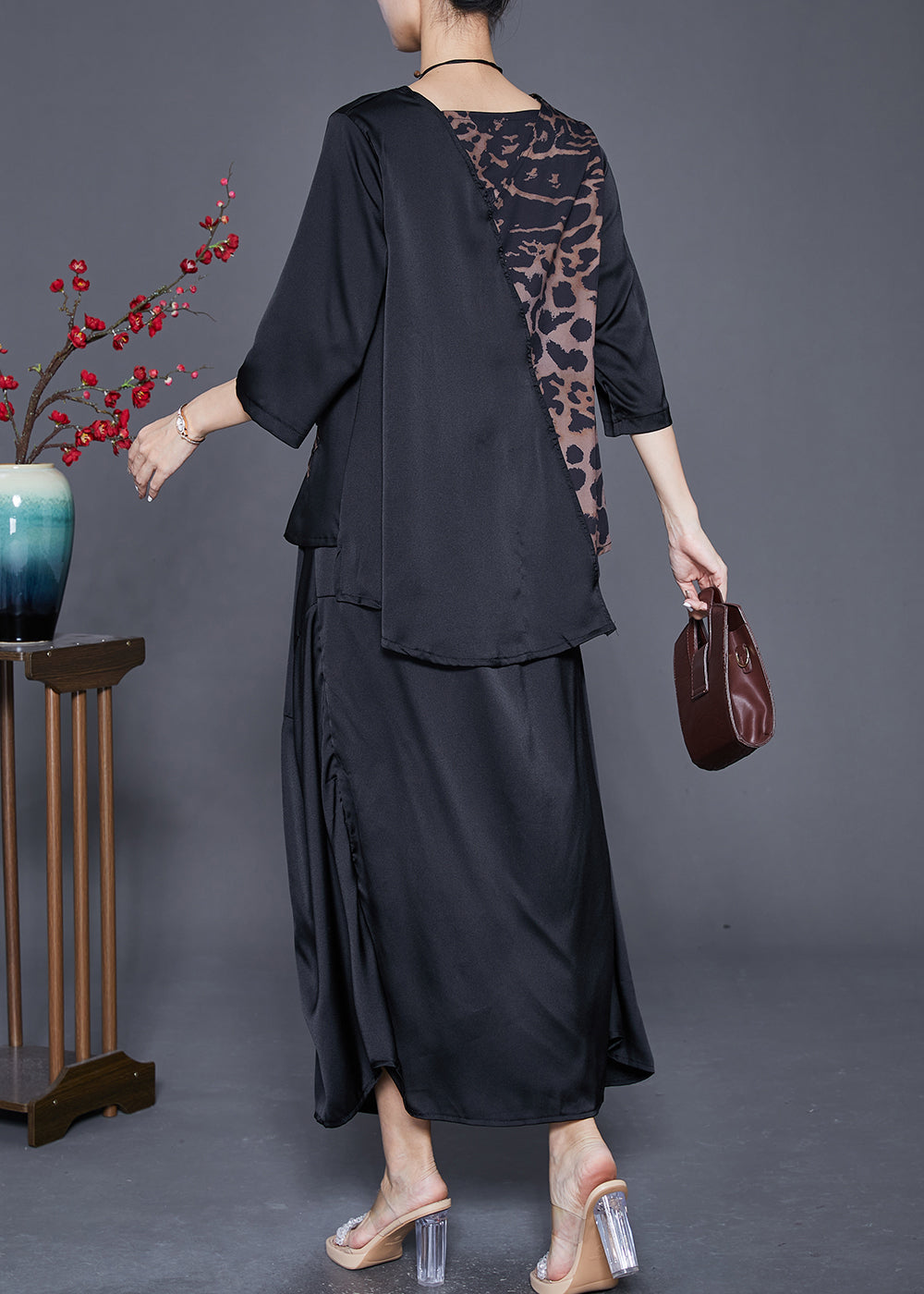 Chic Black Asymmetrical Patchwork Leopard Silk Two Pieces Set Summer Ada Fashion