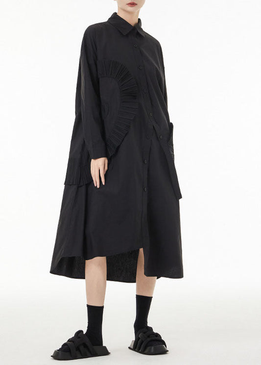 Chic Black Asymmetrical Wrinkled Cotton Robe Dresses Spring LC0139 - fabuloryshop