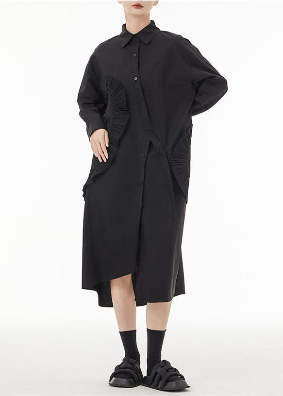 Chic Black Asymmetrical Wrinkled Cotton Robe Dresses Spring LC0139 - fabuloryshop