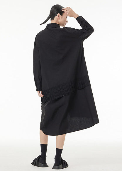 Chic Black Asymmetrical Wrinkled Cotton Robe Dresses Spring LC0139 - fabuloryshop