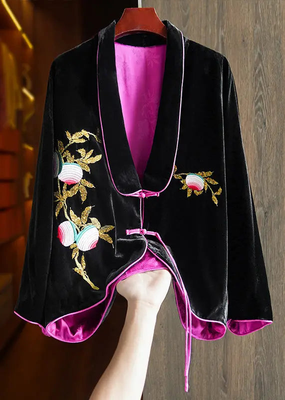 Chic Black Chinese Button Embroideried Silk Velour Coats Long Sleeve Ada Fashion