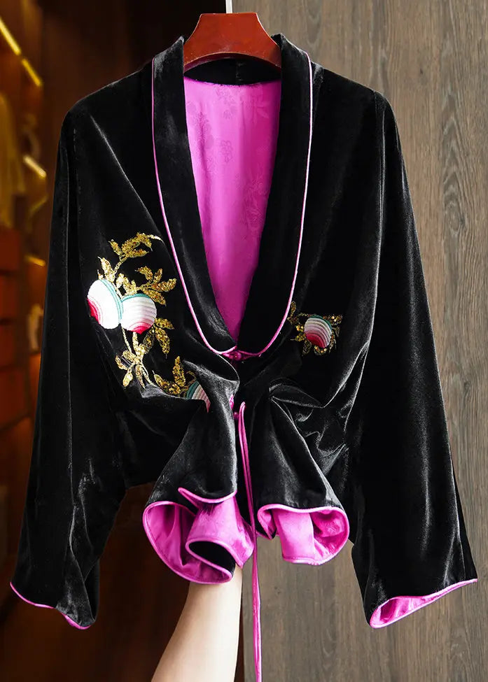 Chic Black Chinese Button Embroideried Silk Velour Coats Long Sleeve Ada Fashion