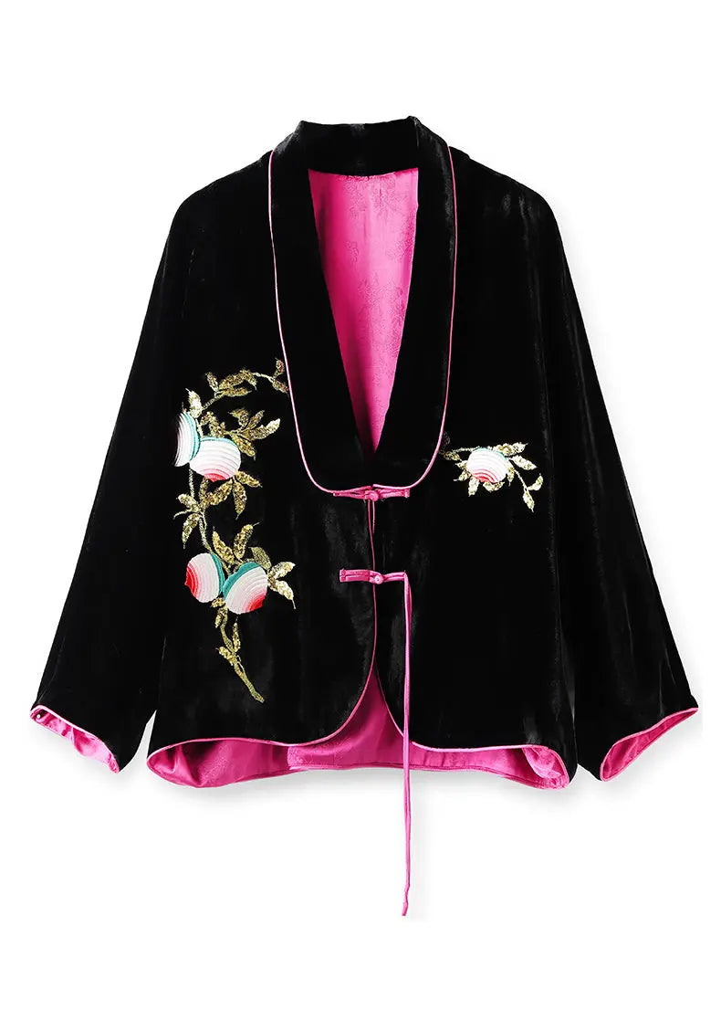 Chic Black Chinese Button Embroideried Silk Velour Coats Long Sleeve Ada Fashion