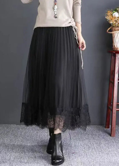 Chic Black Elastic Waist Lace Patchwork Tulle Skirts Fall Ada Fashion