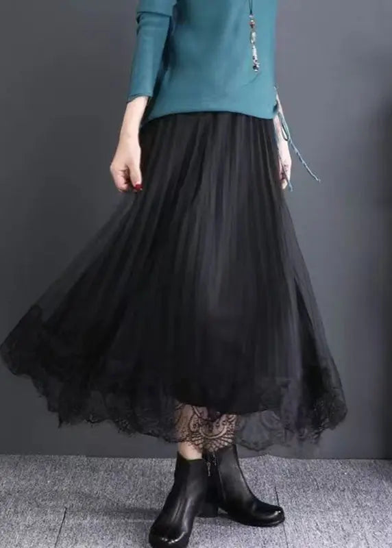 Chic Black Elastic Waist Lace Patchwork Tulle Skirts Fall Ada Fashion