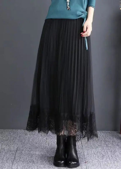 Chic Black Elastic Waist Lace Patchwork Tulle Skirts Fall Ada Fashion