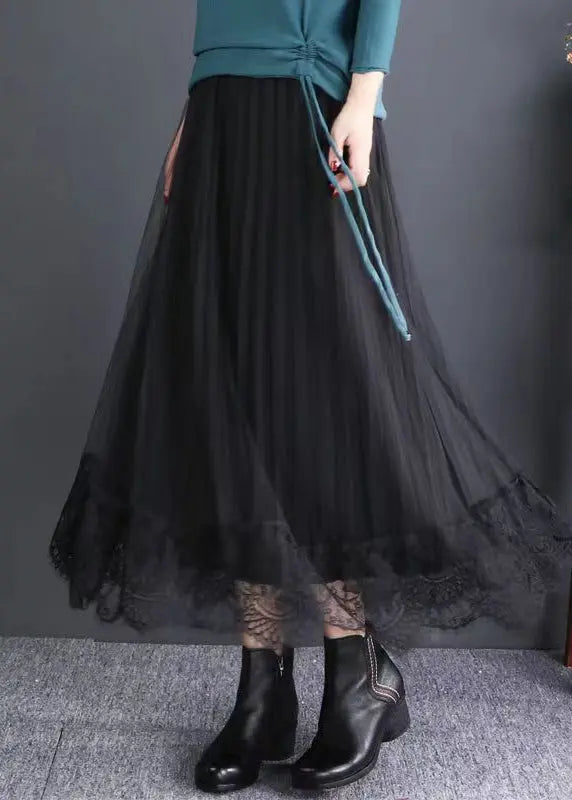 Chic Black Elastic Waist Lace Patchwork Tulle Skirts Fall Ada Fashion