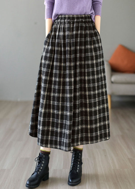 Chic Black Elastic Waist Plaid Cotton A Line Skirt Spring TG1034 - fabuloryshop