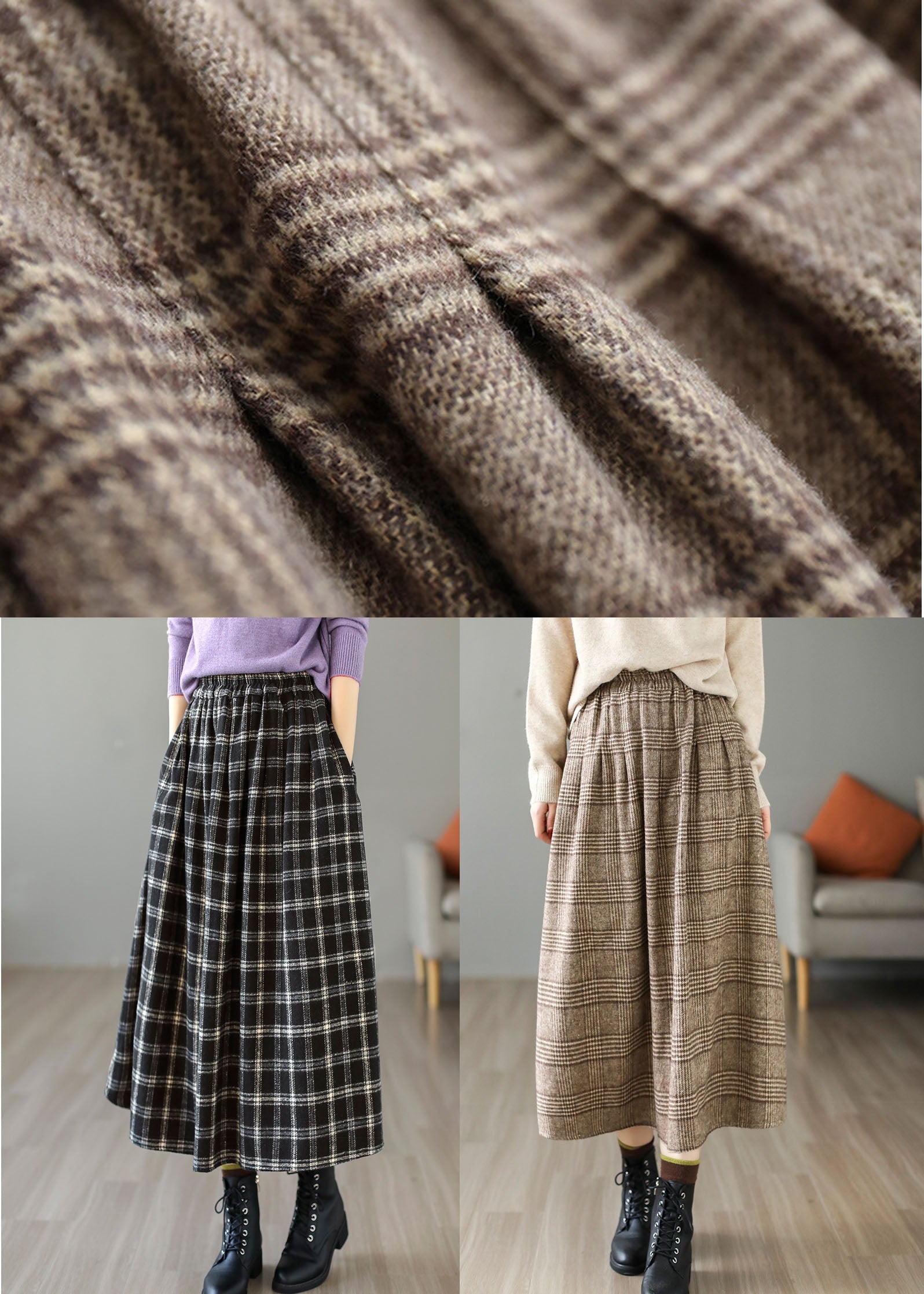 Chic Black Elastic Waist Plaid Cotton A Line Skirt Spring TG1034 - fabuloryshop