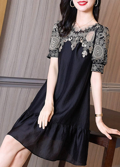 Chic Black Embroideried O-Neck Hollow Out Long Dresses Short Sleeve LY4456 - fabuloryshop