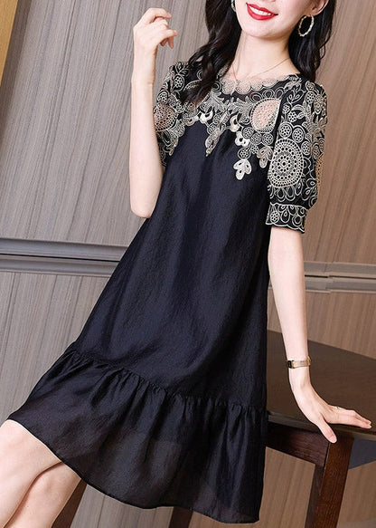 Chic Black Embroideried O-Neck Hollow Out Long Dresses Short Sleeve LY4456 - fabuloryshop