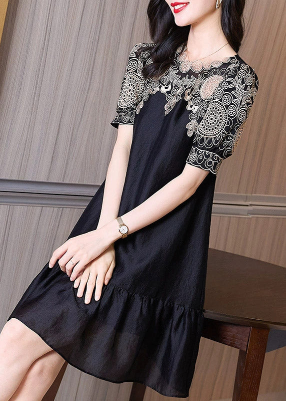 Chic Black Embroideried O-Neck Hollow Out Long Dresses Short Sleeve LY4456 - fabuloryshop