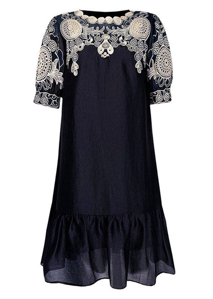 Chic Black Embroideried O-Neck Hollow Out Long Dresses Short Sleeve LY4456 - fabuloryshop