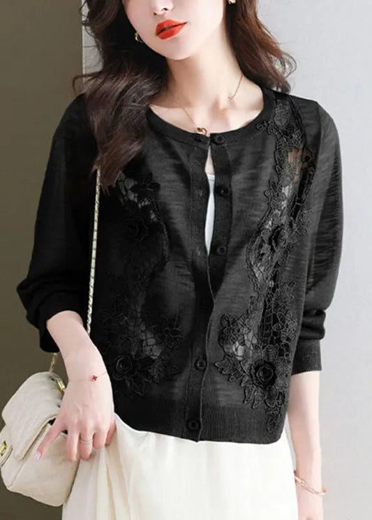 Chic Black Floral Ice Size Knit Cardigans Summer Ada Fashion