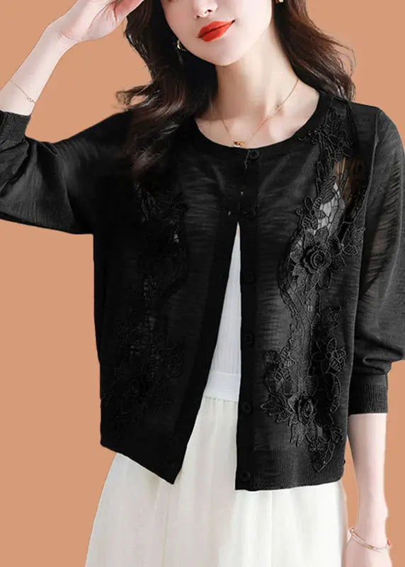 Chic Black Floral Ice Size Knit Cardigans Summer Ada Fashion