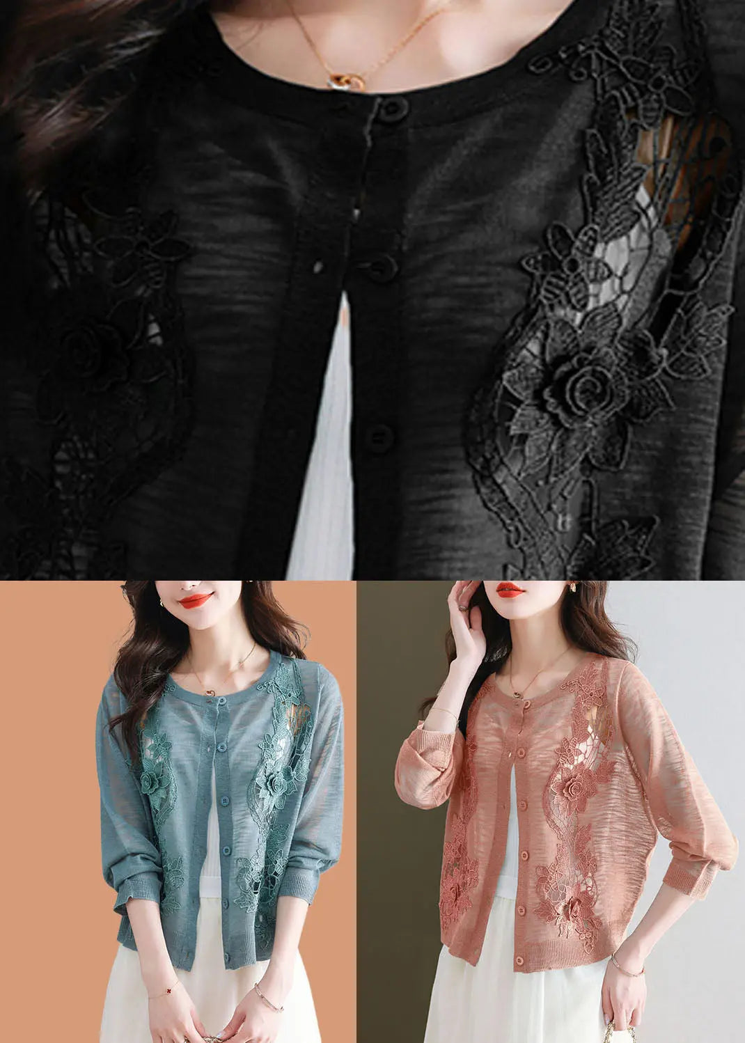 Chic Black Floral Ice Size Knit Cardigans Summer Ada Fashion