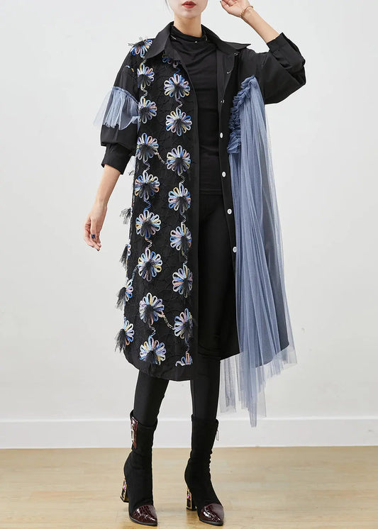 Chic Black Floral Ruffled Patchwork Tulle Cotton Shirt Dress Fall Ada Fashion