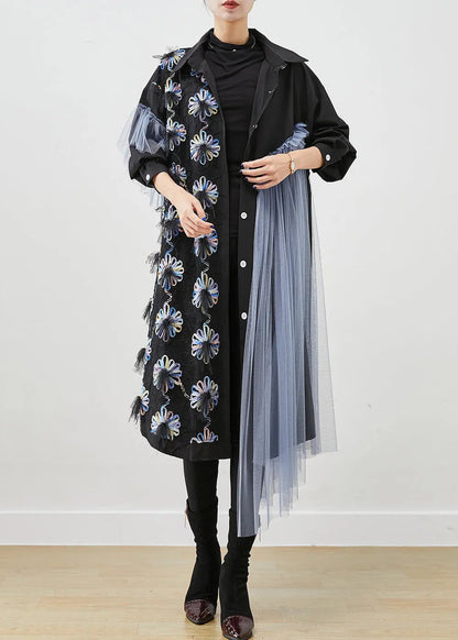 Chic Black Floral Ruffled Patchwork Tulle Cotton Shirt Dress Fall Ada Fashion