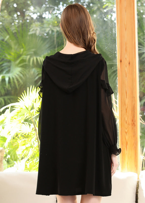 Chic Black Hooded Ruffles Bear Print Chiffon Sweatshirt Streetwear Dress Spring LY0289 - fabuloryshop