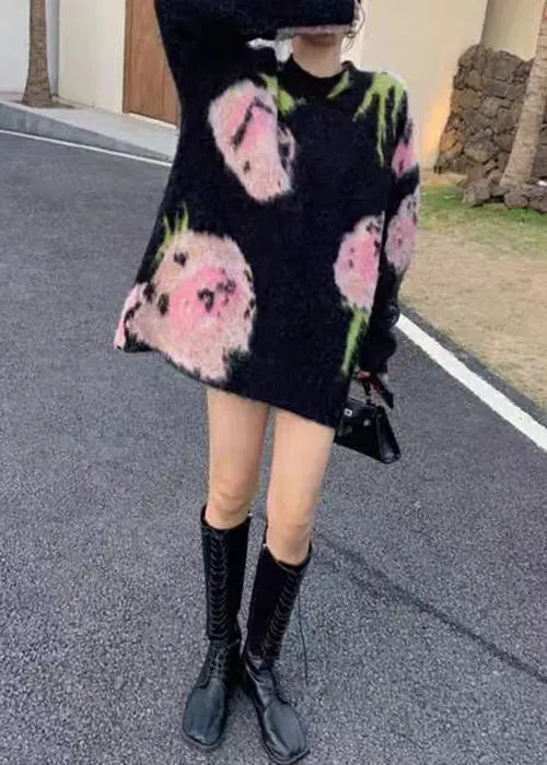 Chic Black O Neck  Cozy Cotton Knit Mid Dress Long Sleeve Ada Fashion