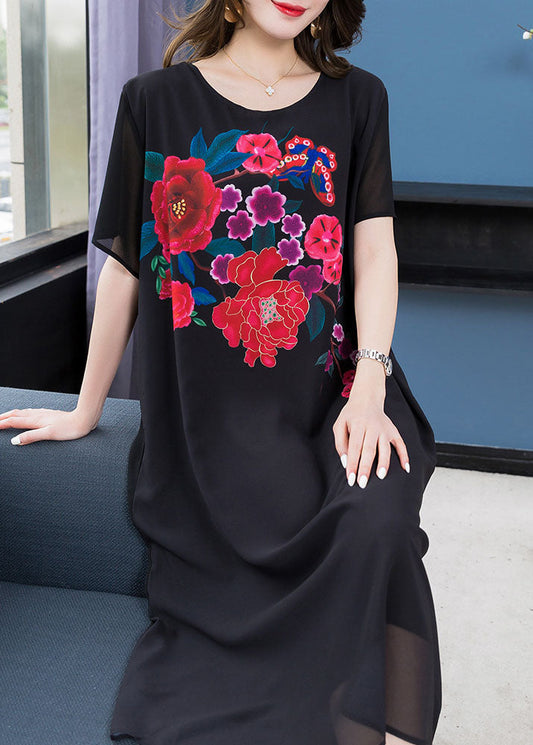 Chic Black O Neck Floral Patchwork Chiffon Mid Dress Summer LY6499 - fabuloryshop
