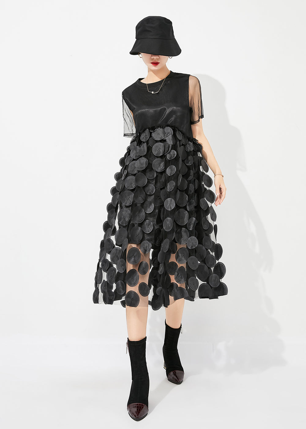 Chic Black O-Neck Patchwork Exra Large Hem Tulle Vacation Dress Summer LY0816 - fabuloryshop